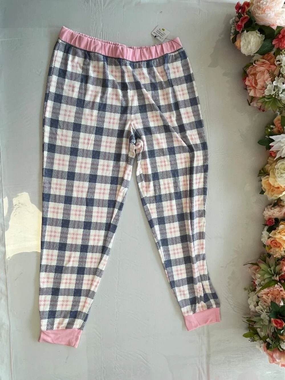 NEW Cuddl Duds Plaid Pajama Set Jogger Pants Pockets Pink Blue M